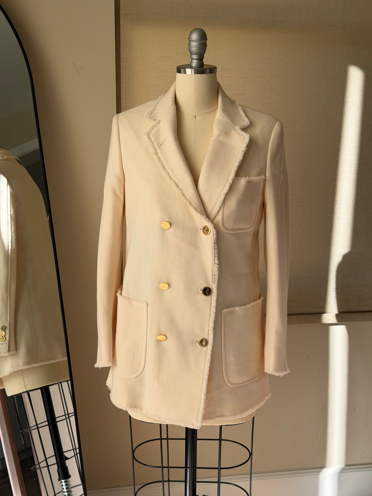 Thom Browne Beige Double-Breasted Gold-Button Wool Blazer
