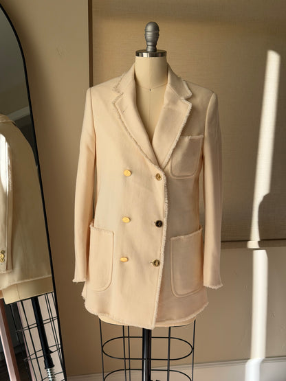 Thom Browne Beige Double-Breasted Gold-Button Wool Blazer