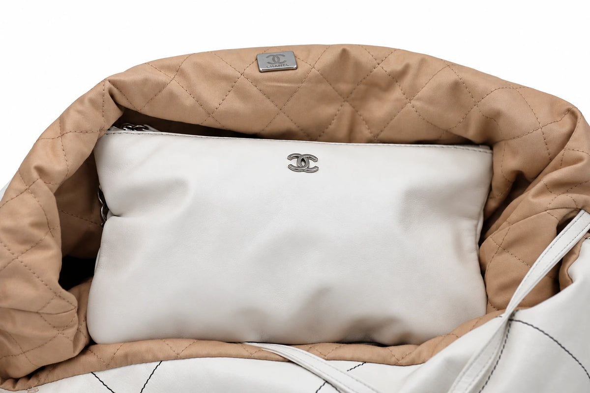 Chanel Quilted Fabric Logo Drawstring Chain Tote White