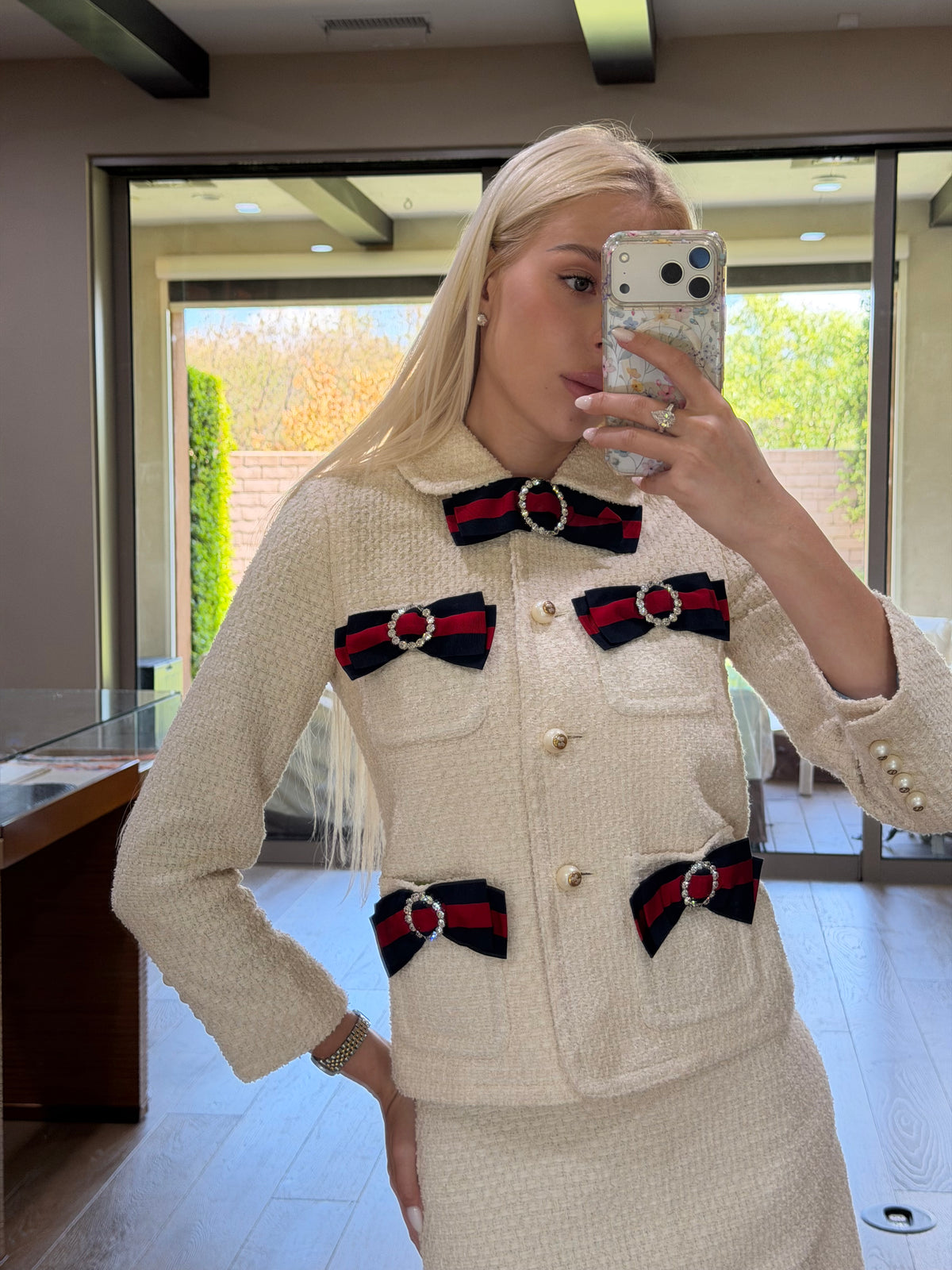 Gucci Ivory Bow Crystal Tweed Skirt Set