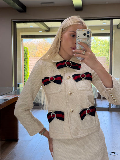 Gucci Ivory Bow Crystal Tweed Skirt Set