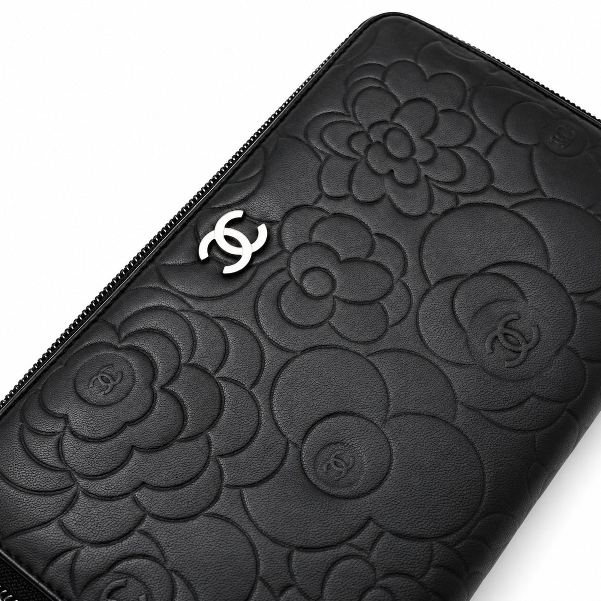 Chanel Camellia Embossed Leather Zip Around Wallet Black SHW