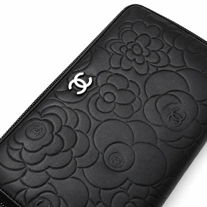 Chanel Camellia Embossed Leather Zip Around Wallet Black SHW