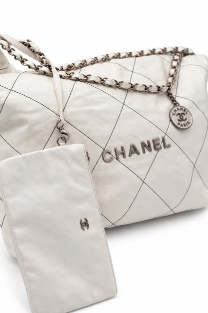 Chanel Quilted Fabric Logo Drawstring Chain Tote White