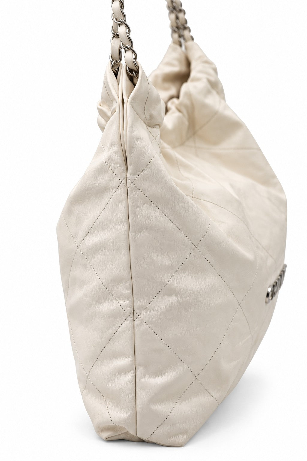 Chanel Quilted Fabric Logo Charm Chain Tote White SHW