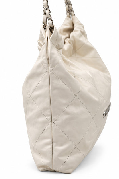 Chanel Quilted Fabric Logo Charm Chain Tote White SHW