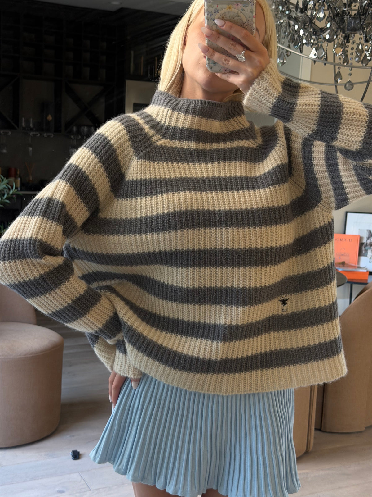 Dior Beige-Gray Striped Bee Embroidered Turtleneck Sweater