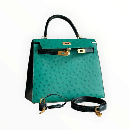 Hermès Kelly 25 Ostrich Leather, Turquoise and Black, Gold Hardware