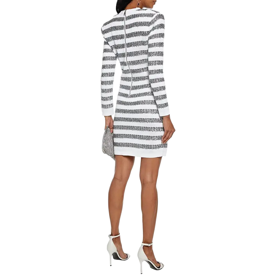 Balmain Striped Tinsel and Open-Knit Mini Dress