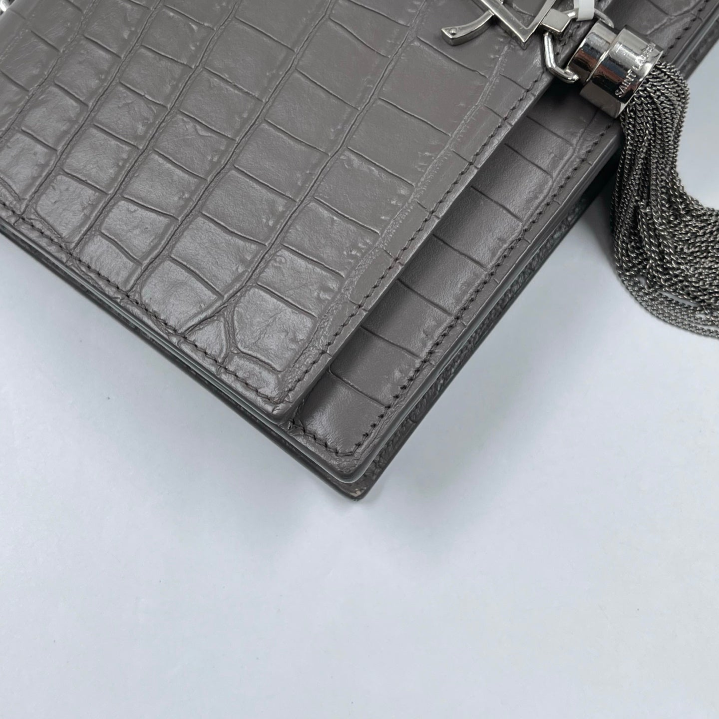 Saint Laurent Kate Tassel Chain Wallet in Fog Grey