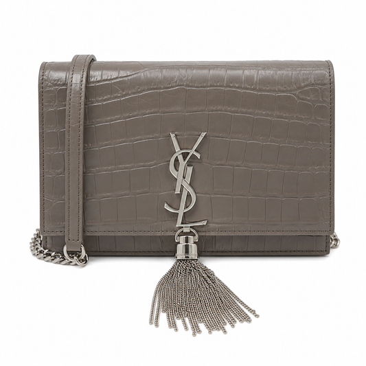 Saint Laurent Kate Tassel Chain Wallet in Fog Grey