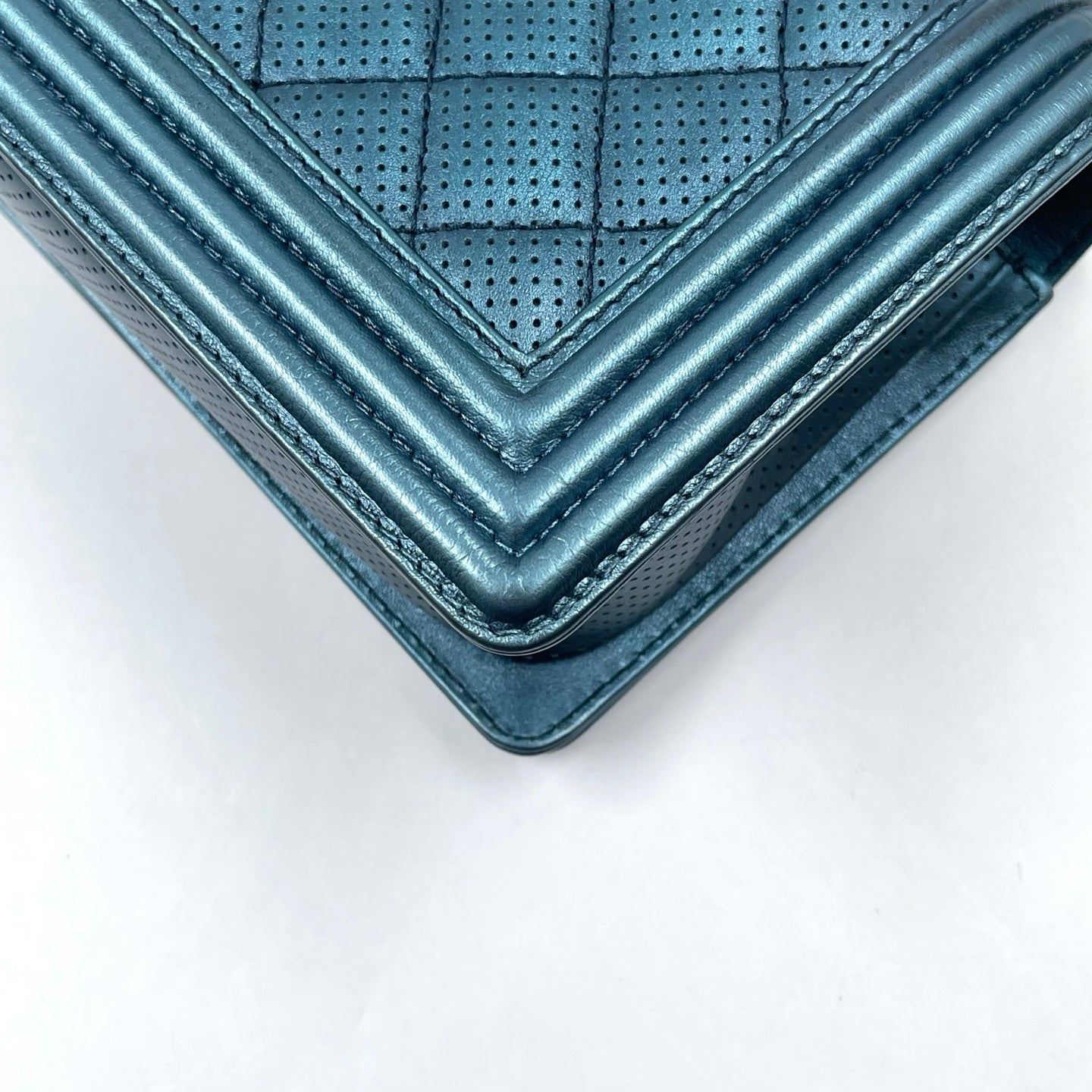 Chanel Boy Flap Bag Old Medium in Metallic Blue Perforated Calfskin