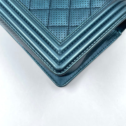 Chanel Boy Flap Bag Old Medium in Metallic Blue Perforated Calfskin