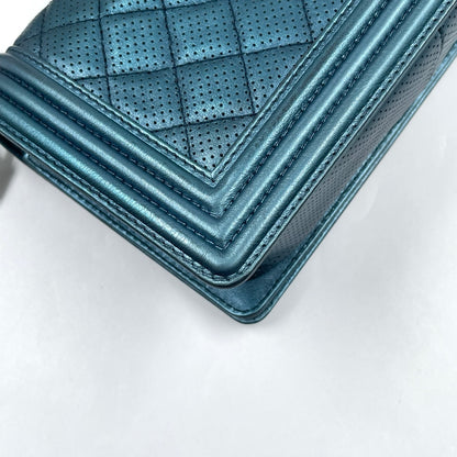 Chanel Boy Flap Bag Old Medium in Metallic Blue Perforated Calfskin