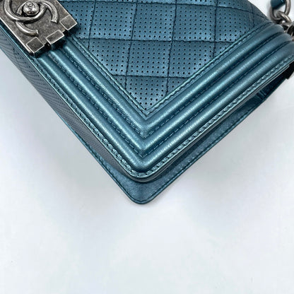 Chanel Boy Flap Bag Old Medium in Metallic Blue Perforated Calfskin