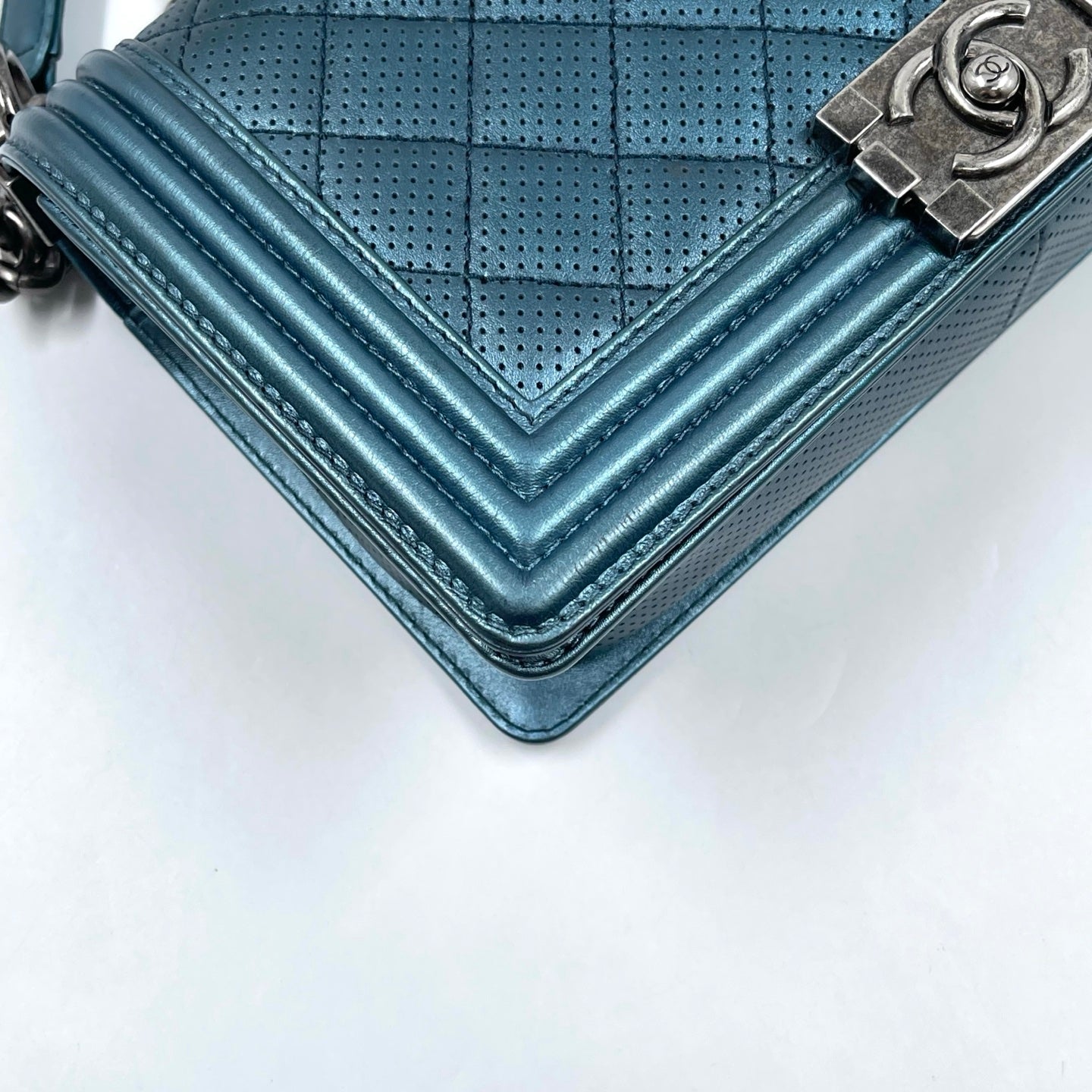 Chanel Boy Flap Bag Old Medium in Metallic Blue Perforated Calfskin