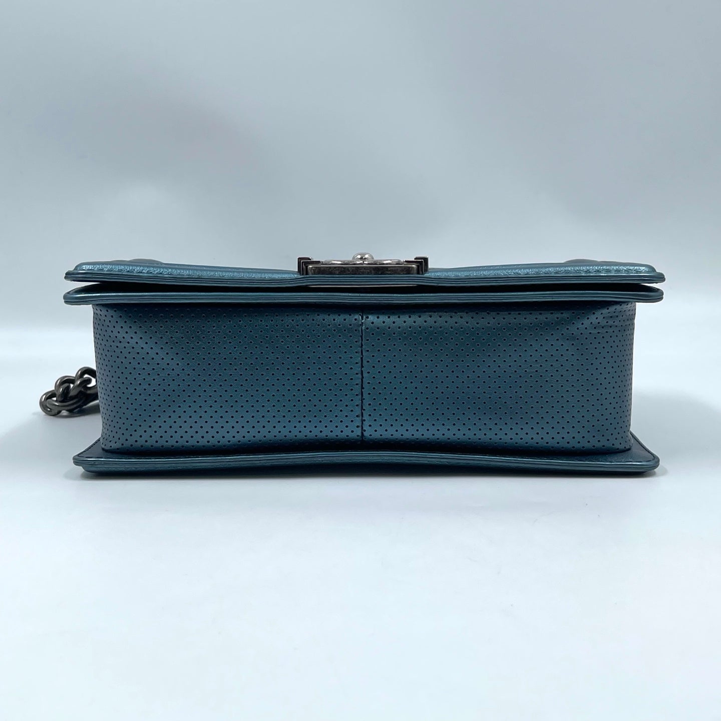 Chanel Boy Flap Bag Old Medium in Metallic Blue Perforated Calfskin