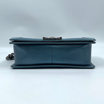 Chanel Boy Flap Bag Old Medium in Metallic Blue Perforated Calfskin