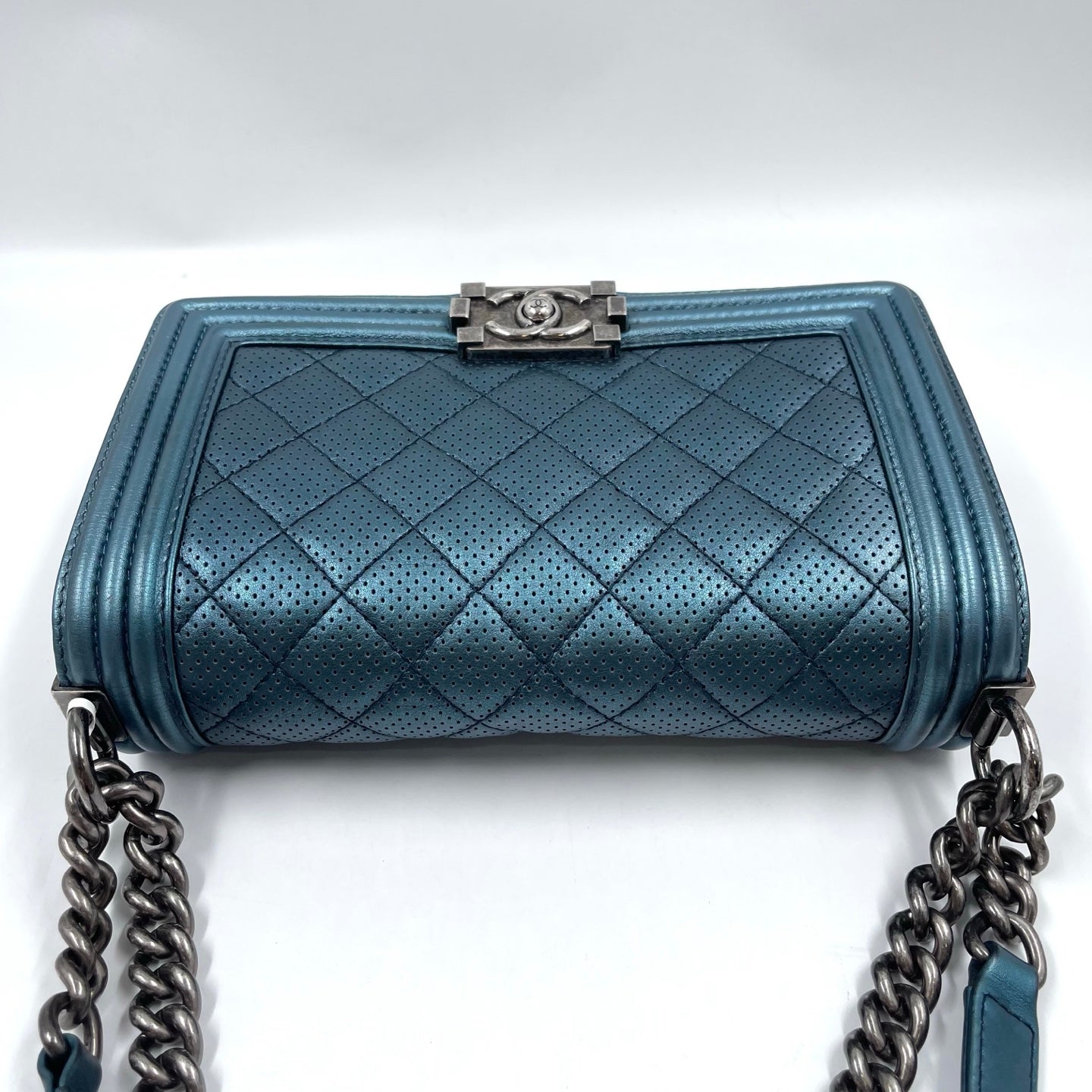 Chanel Boy Flap Bag Old Medium in Metallic Blue Perforated Calfskin