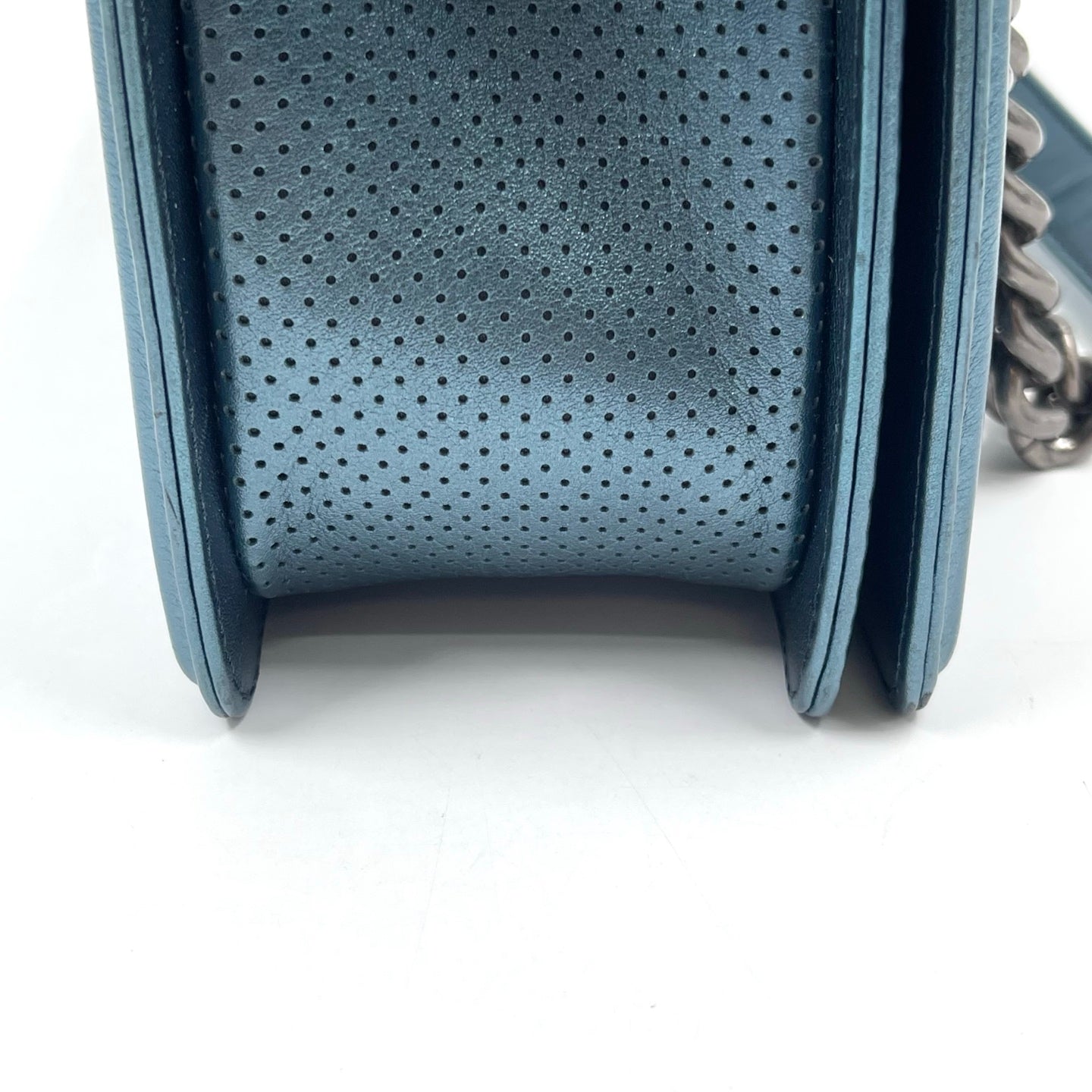 Chanel Boy Flap Bag Old Medium in Metallic Blue Perforated Calfskin