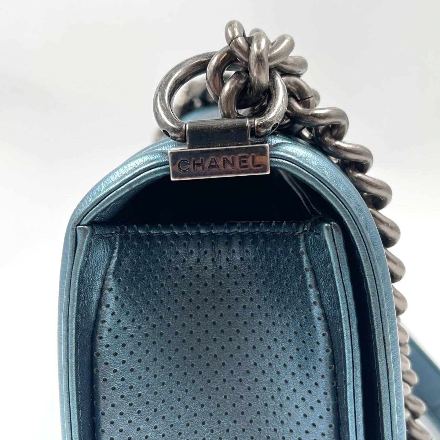 Chanel Boy Flap Bag Old Medium in Metallic Blue Perforated Calfskin