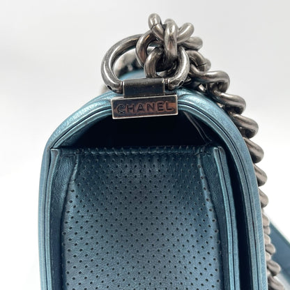 Chanel Boy Flap Bag Old Medium in Metallic Blue Perforated Calfskin