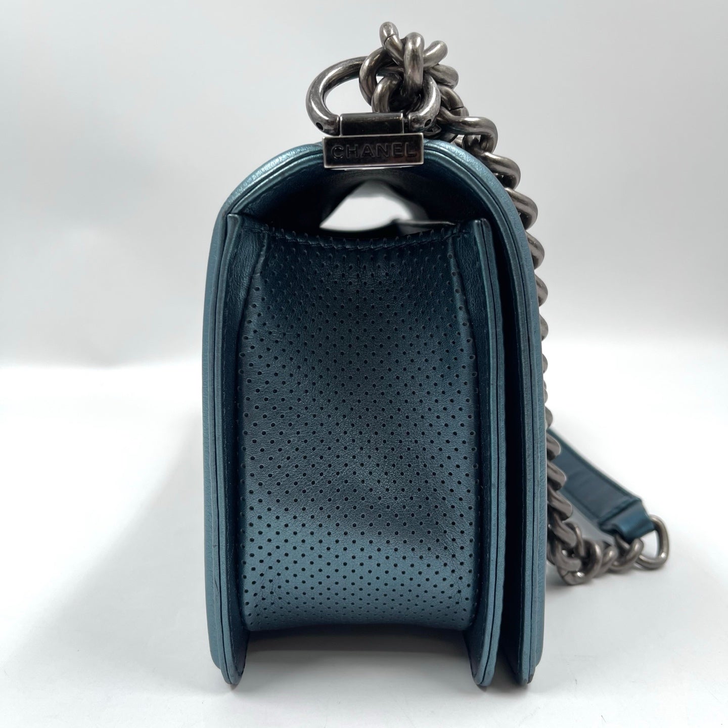 Chanel Boy Flap Bag Old Medium in Metallic Blue Perforated Calfskin