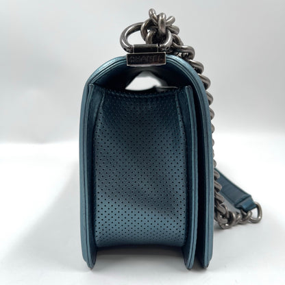 Chanel Boy Flap Bag Old Medium in Metallic Blue Perforated Calfskin