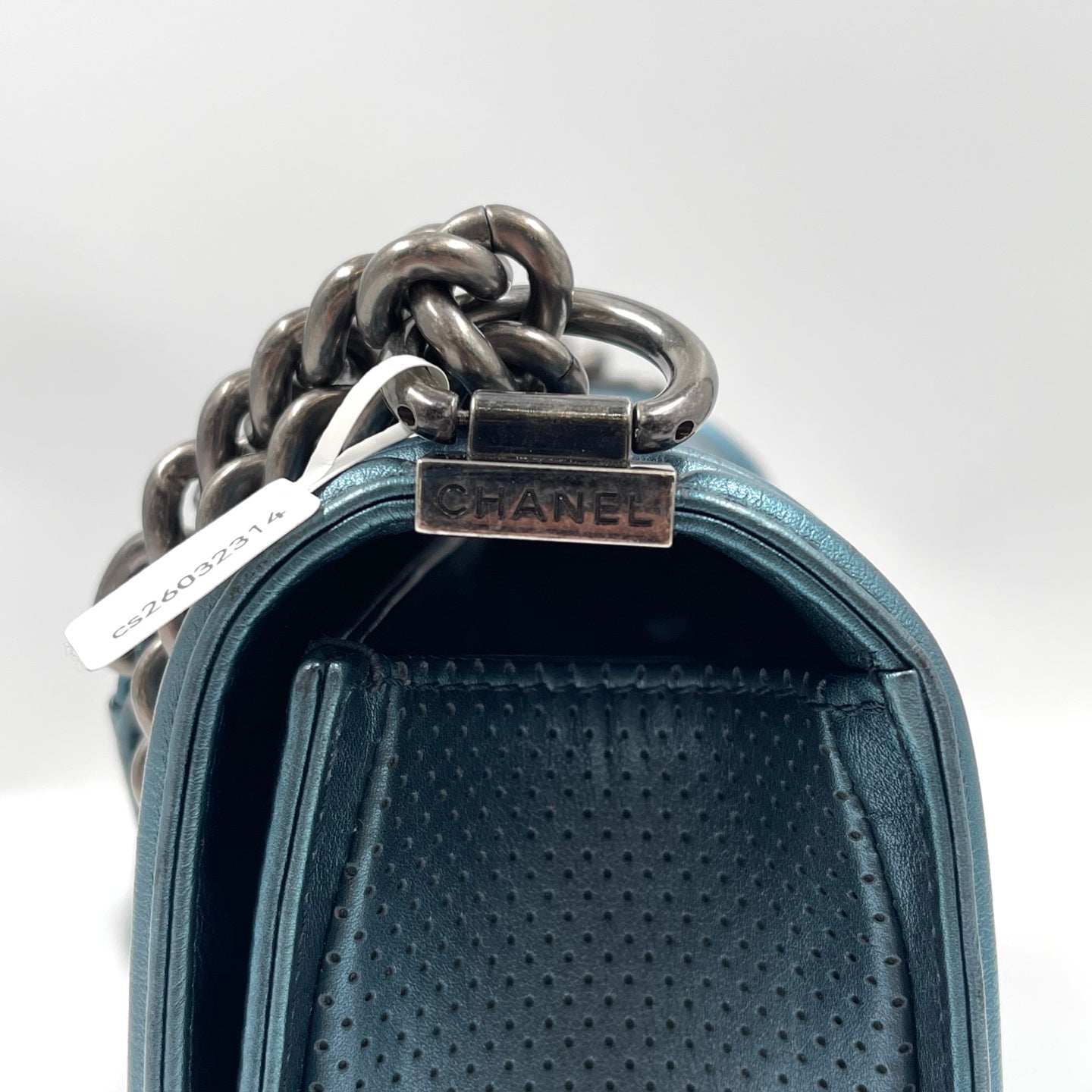 Chanel Boy Flap Bag Old Medium in Metallic Blue Perforated Calfskin