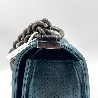 Chanel Boy Flap Bag Old Medium in Metallic Blue Perforated Calfskin