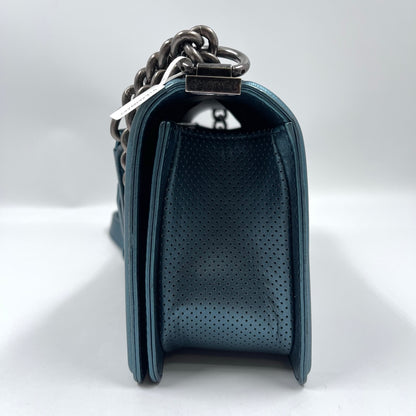 Chanel Boy Flap Bag Old Medium in Metallic Blue Perforated Calfskin