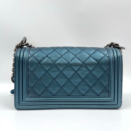 Chanel Boy Flap Bag Old Medium in Metallic Blue Perforated Calfskin