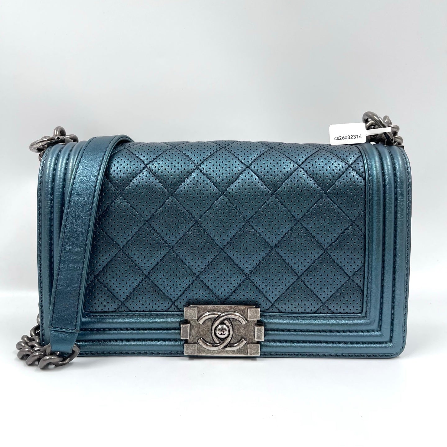 Chanel Boy Flap Bag Old Medium in Metallic Blue Perforated Calfskin