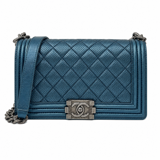 Chanel Boy Flap Bag Old Medium in Metallic Blue Perforated Calfskin
