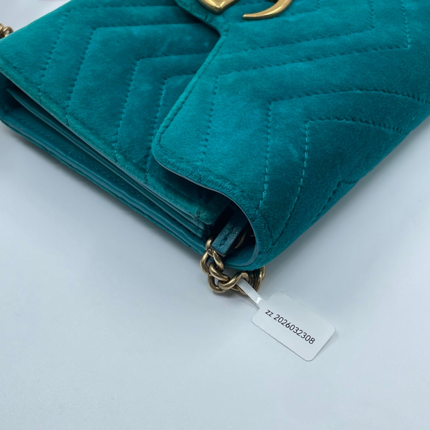 Gucci GG Marmont Mini Velvet Shoulder Bag in Pavone Cyan