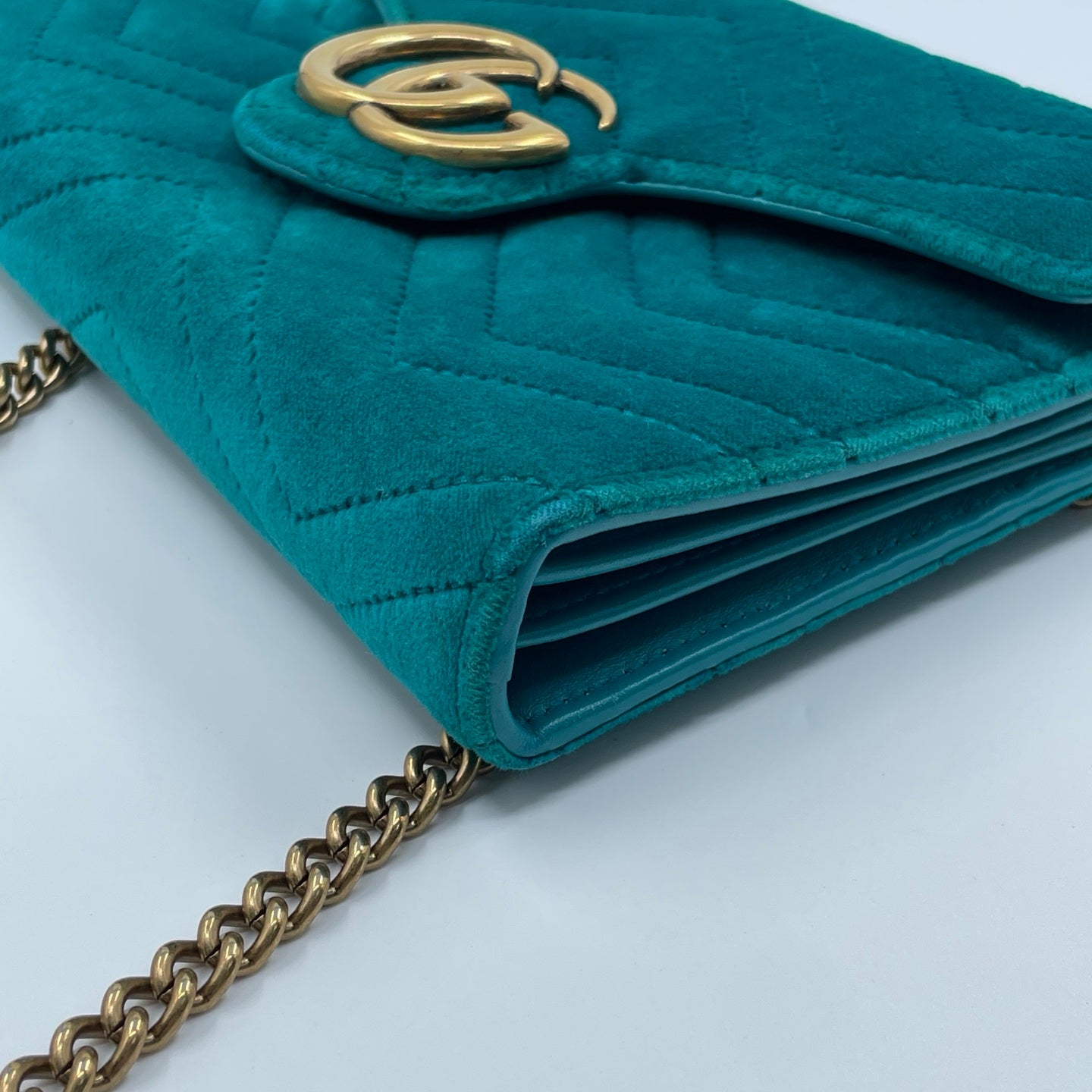 Gucci GG Marmont Mini Velvet Shoulder Bag in Pavone Cyan