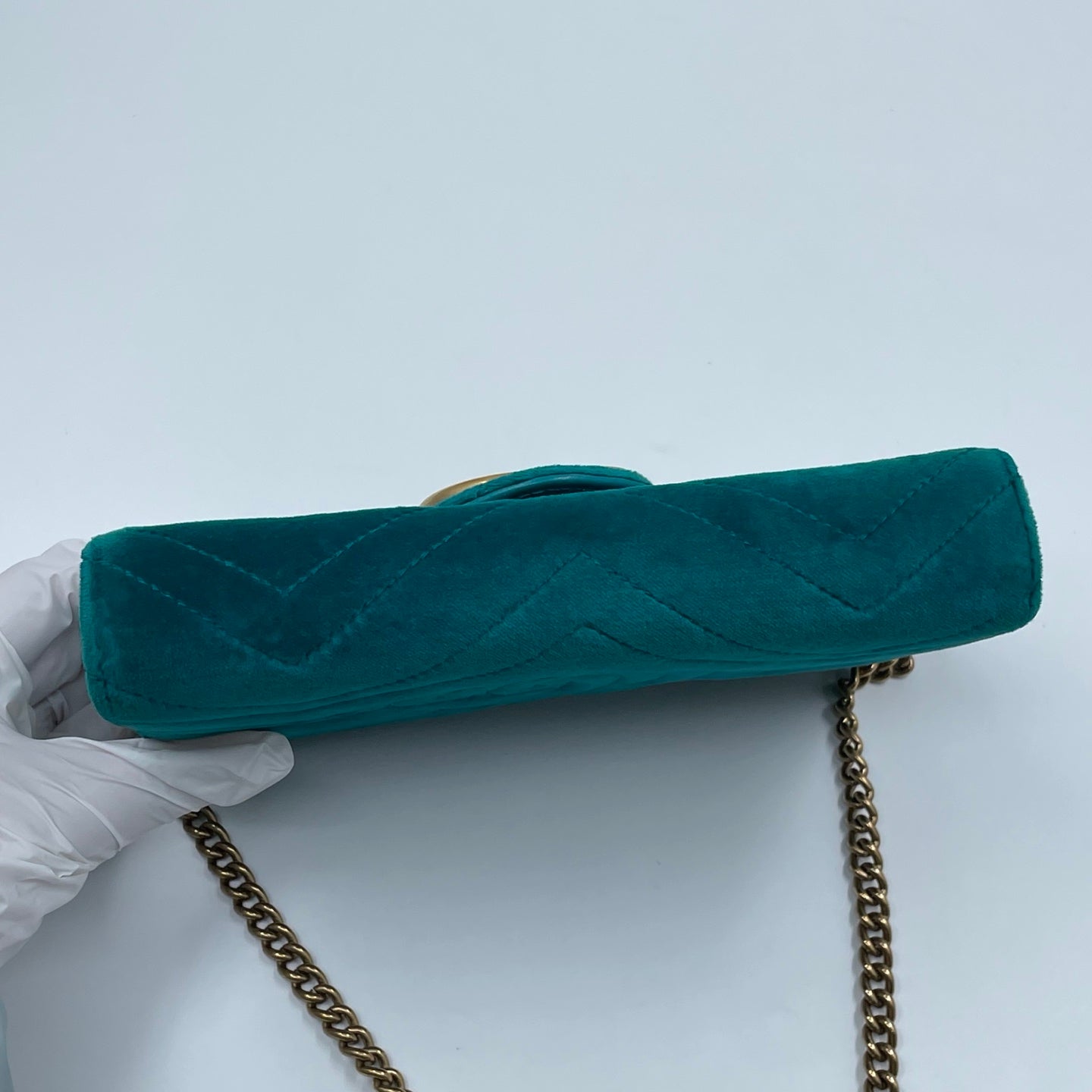 Gucci GG Marmont Mini Velvet Shoulder Bag in Pavone Cyan