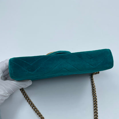 Gucci GG Marmont Mini Velvet Shoulder Bag in Pavone Cyan