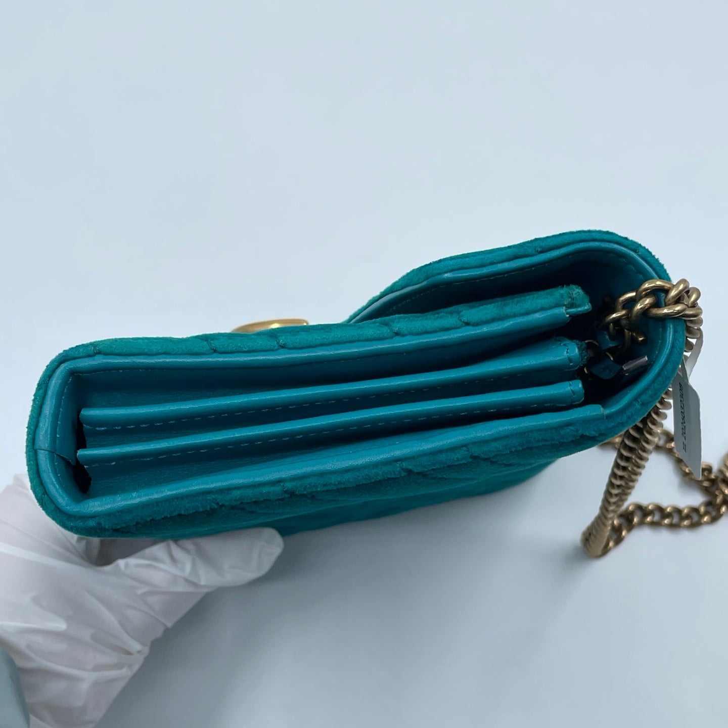 Gucci GG Marmont Mini Velvet Shoulder Bag in Pavone Cyan