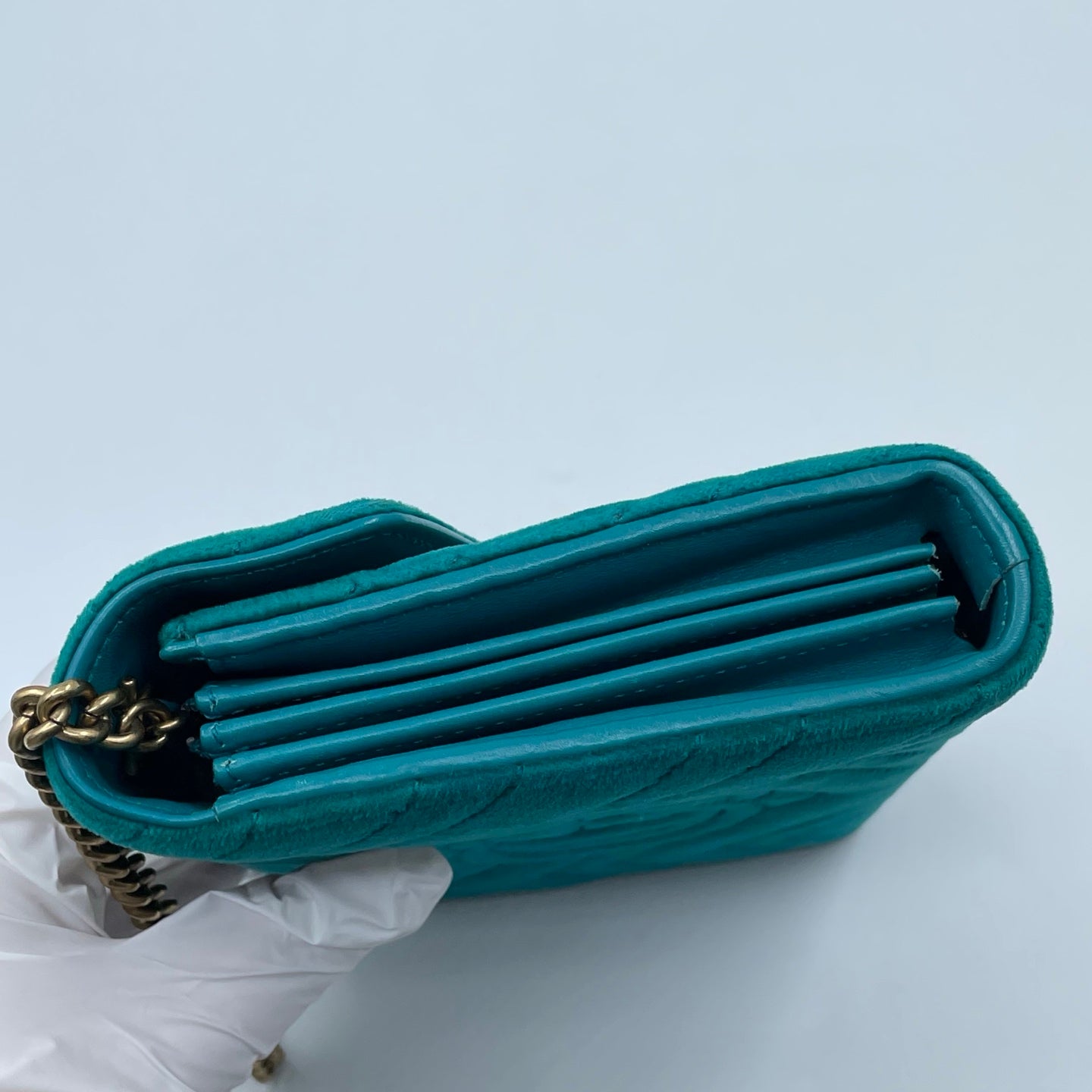 Gucci GG Marmont Mini Velvet Shoulder Bag in Pavone Cyan
