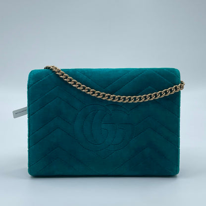 Gucci GG Marmont Mini Velvet Shoulder Bag in Pavone Cyan