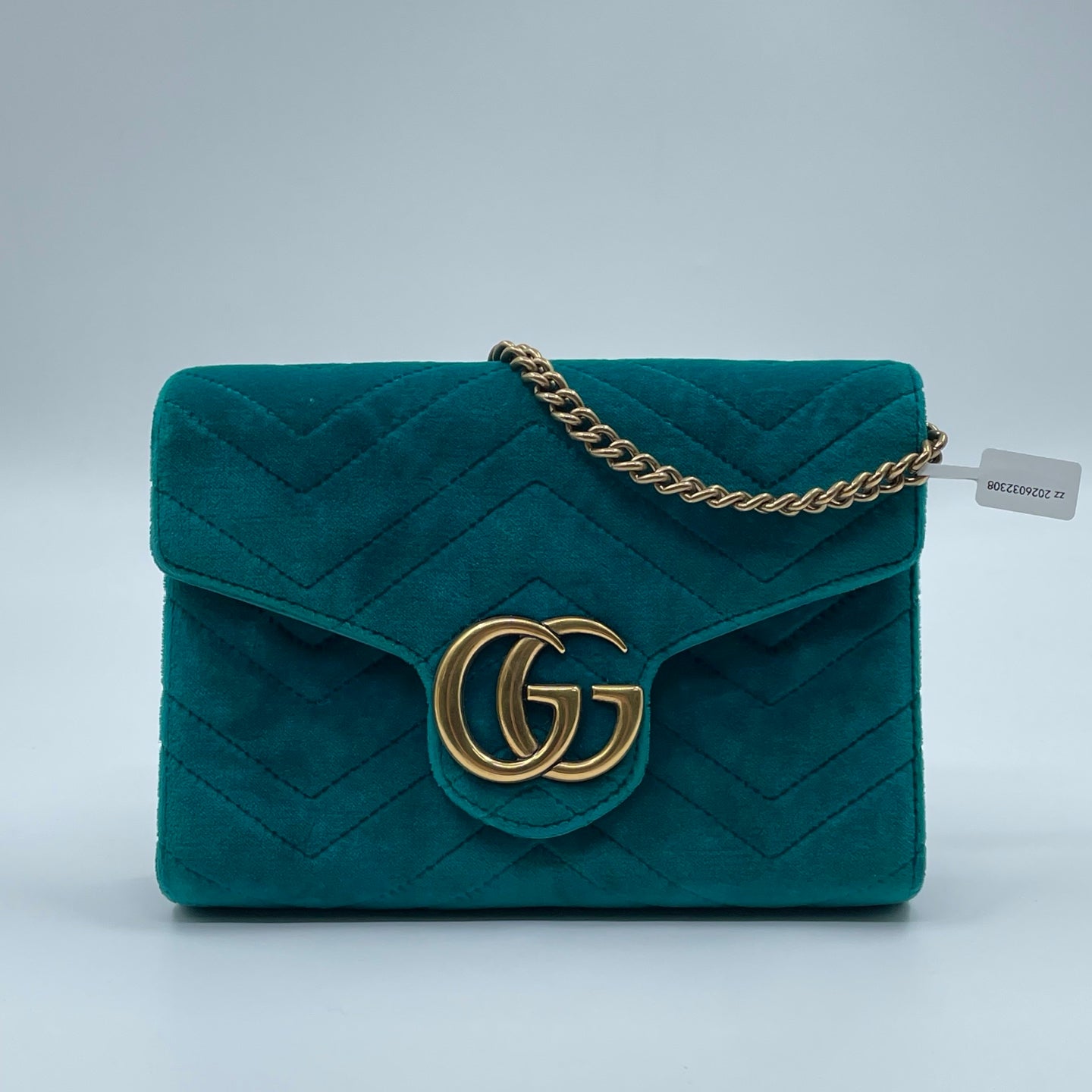 Gucci GG Marmont Mini Velvet Shoulder Bag in Pavone Cyan
