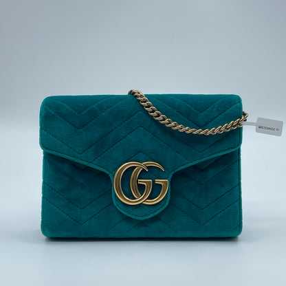 Gucci GG Marmont Mini Velvet Shoulder Bag in Pavone Cyan