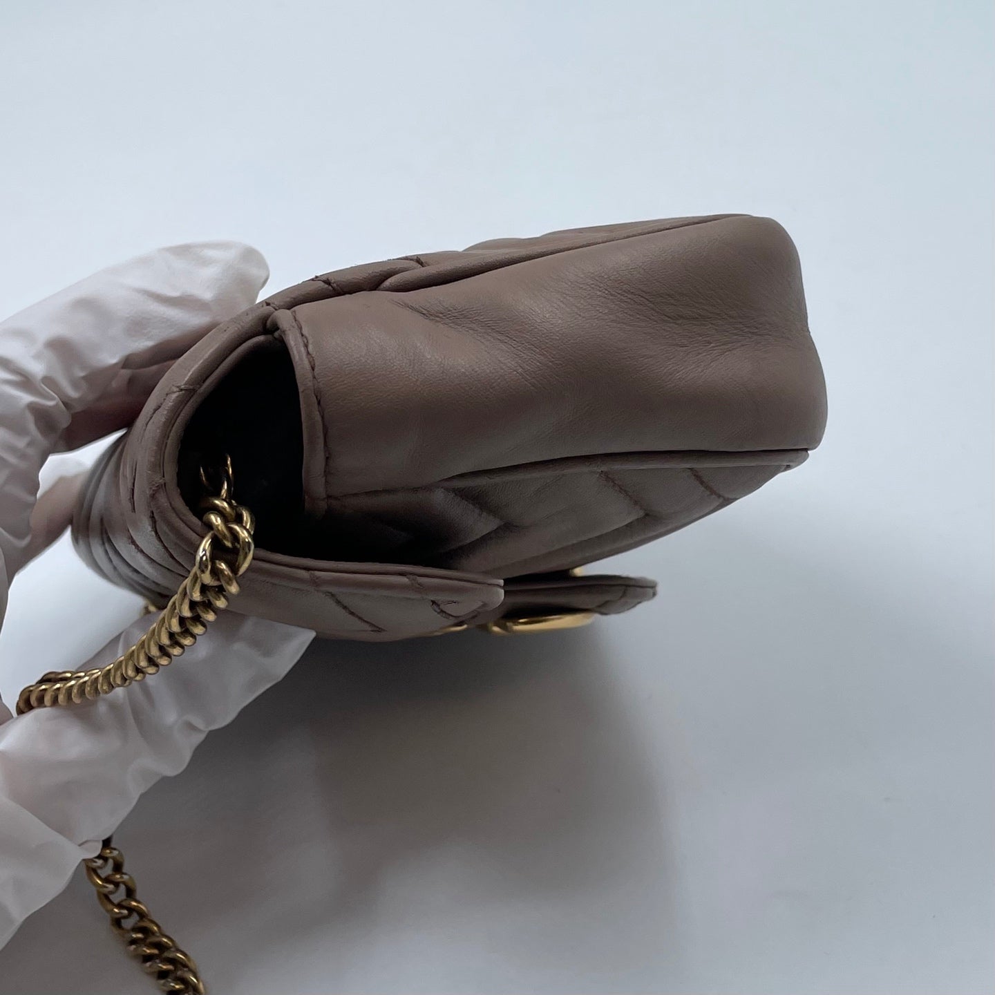 Gucci GG Marmont Super Mini Bag In Taupe Matelassé Leather