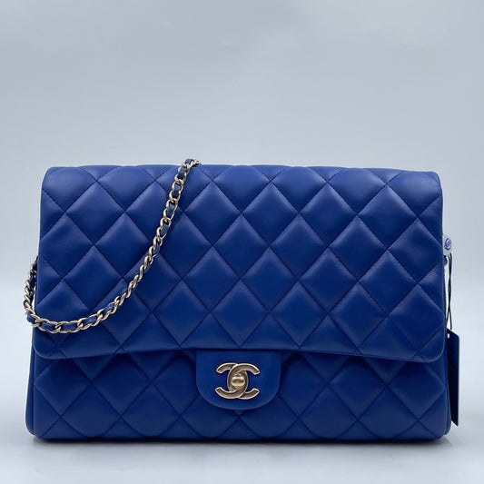 Chanel Medium Slim Single Flap Gold Hardware Lambskin Leather Bag In Blue