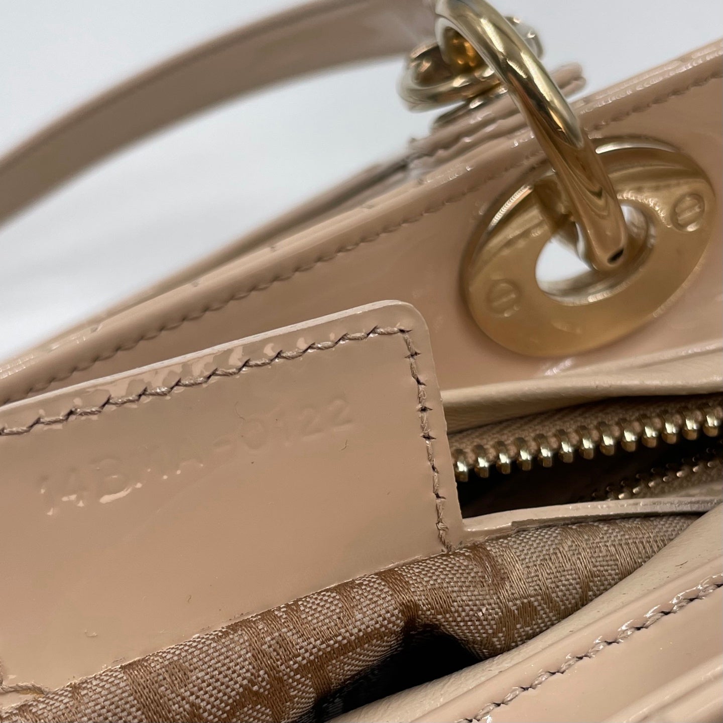Christian Dior Medium Lady Dior Bag In Beige Patent Leather With Cannage Stitching