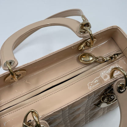 Christian Dior Medium Lady Dior Bag In Beige Patent Leather With Cannage Stitching