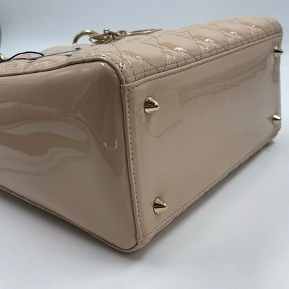 Christian Dior Medium Lady Dior Bag In Beige Patent Leather With Cannage Stitching