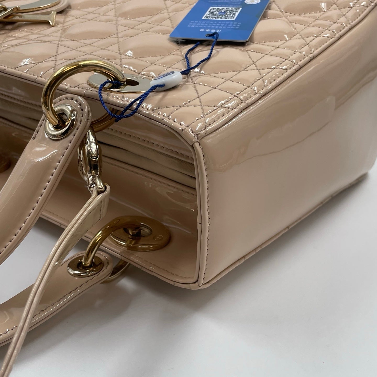 Christian Dior Medium Lady Dior Bag In Beige Patent Leather With Cannage Stitching