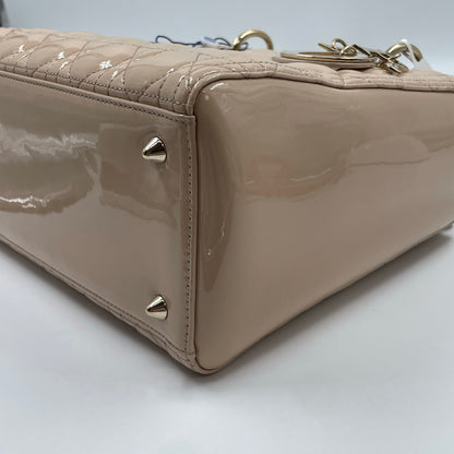 Christian Dior Medium Lady Dior Bag In Beige Patent Leather With Cannage Stitching